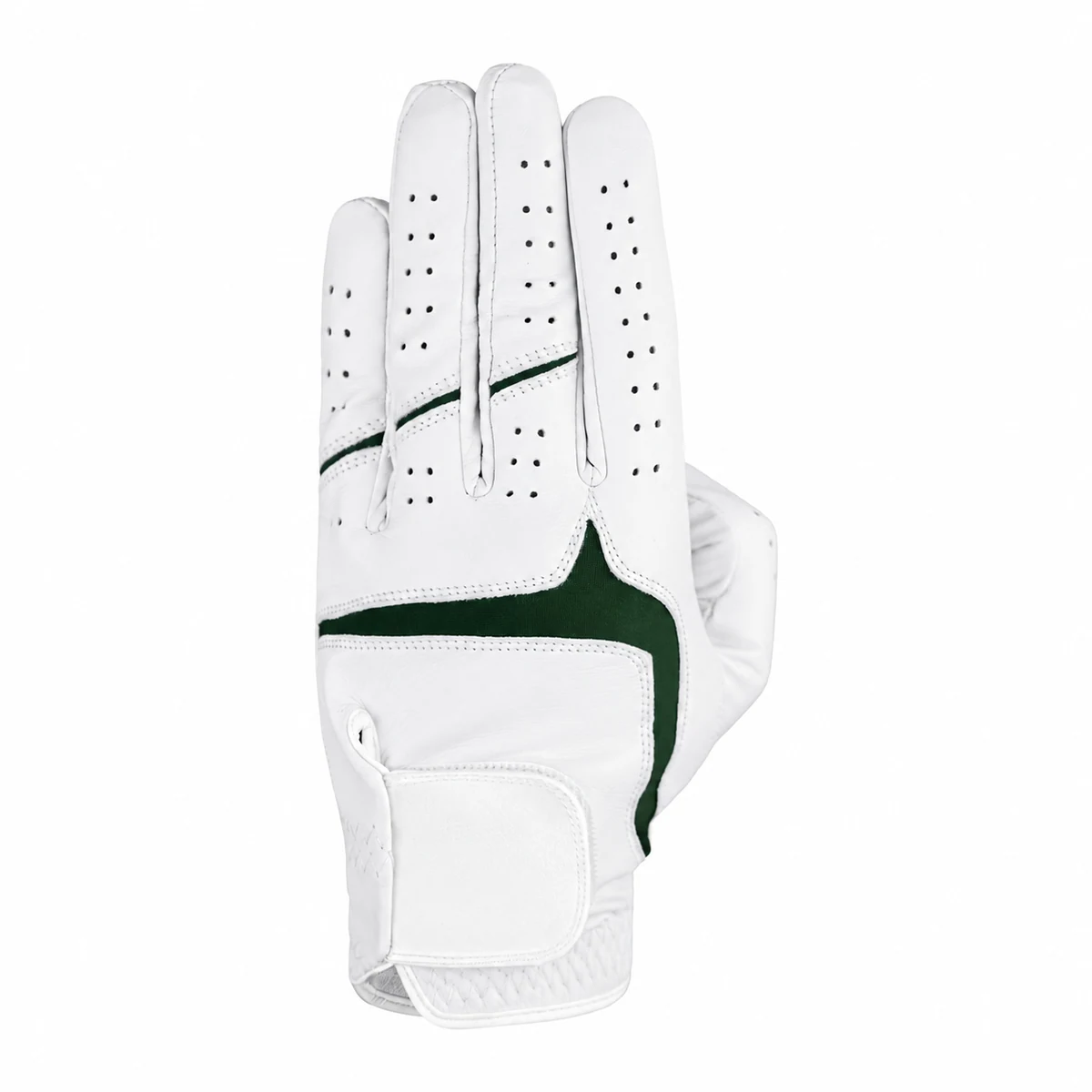 White Cabretta OEM golf glove with angular dark green inserts and a blank strap