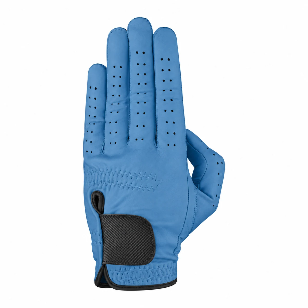 Blue Cabretta OEM golf glove with black cuff binding and blank black strap