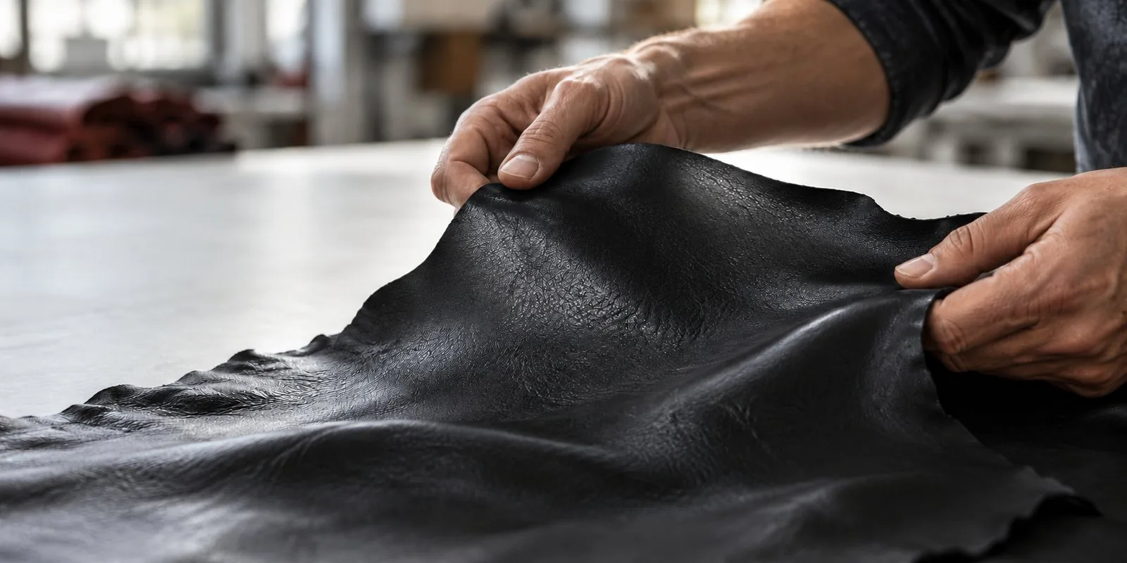 Close-up of black Cabretta leather being inspected by hand