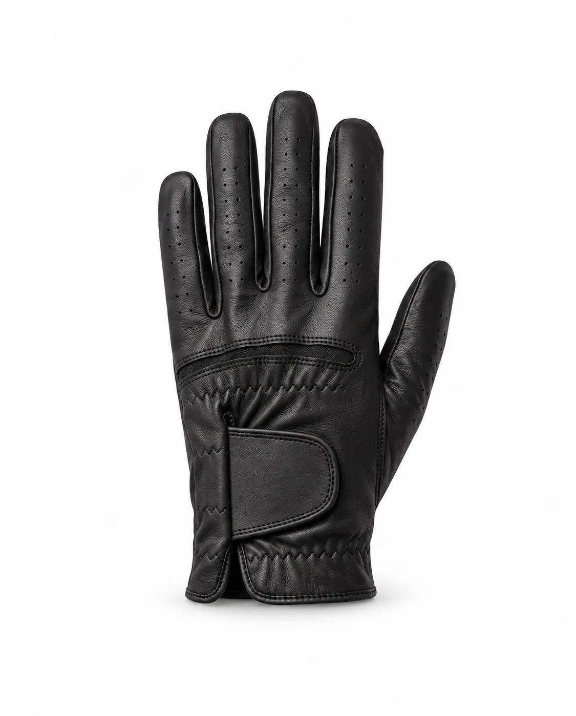 Black leather golf glove, back of the hand with wrist strap
