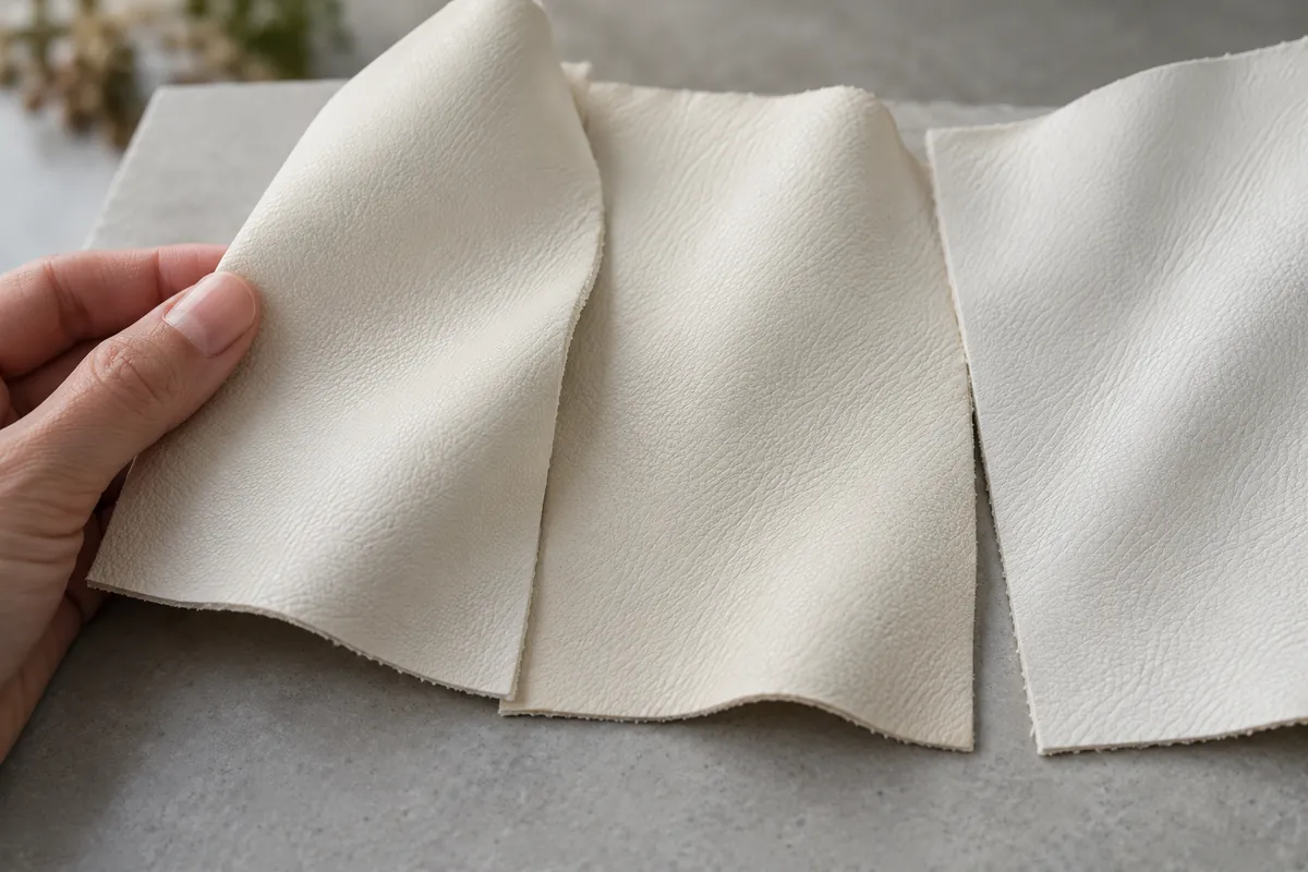 Similar ivory leather swatches compared side by side under the same light