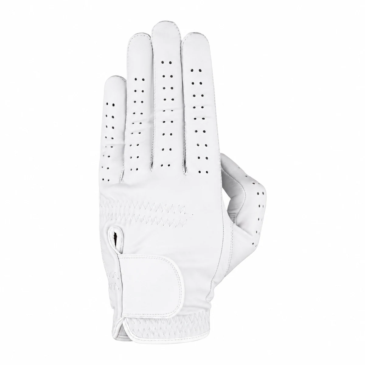 White Cabretta OEM golf glove with perforated fingers and a blank white strap