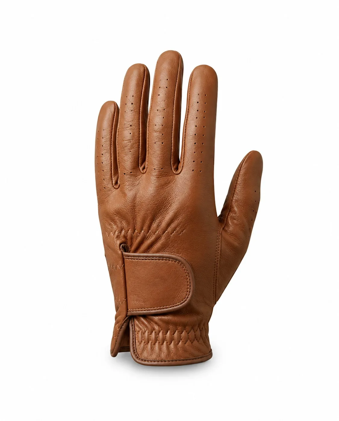 Cognac leather golf glove, back of the hand with wrist strap