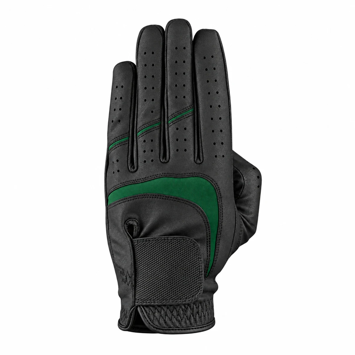 Black synthetic all-weather golf glove with green contour inserts and a blank black strap