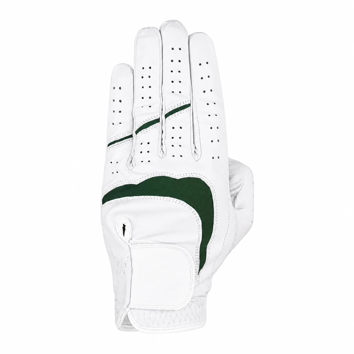 White Cabretta golf glove with a curved green back-hand panel and blank white strap