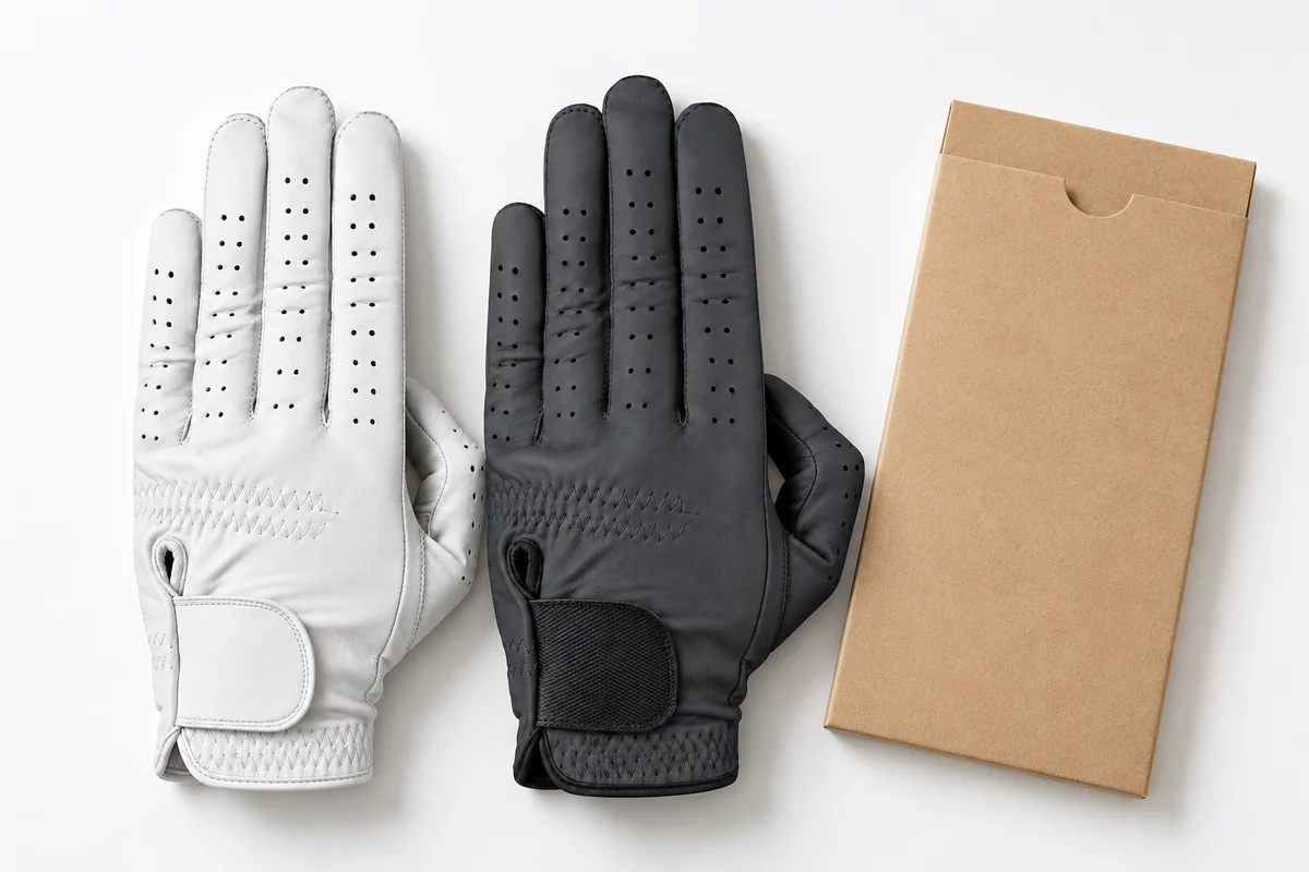 White Cabretta and charcoal synthetic golf glove samples beside a plain paper sleeve