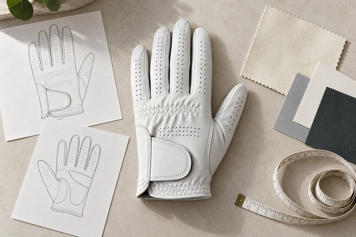 White golf glove beside technical design sheets, measuring tape and material swatches
