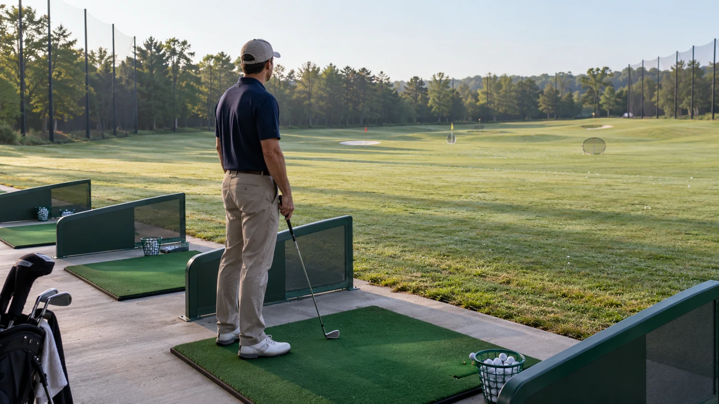 A golfer standing in an outdoor practice-range bay with a basket of balls.