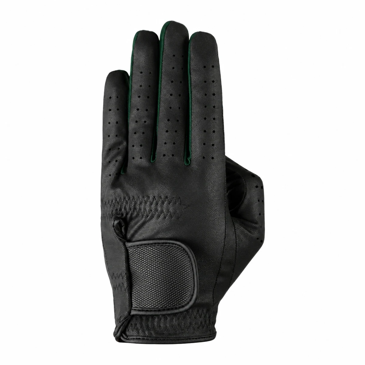 Black synthetic all-weather golf glove with green finger edging and a blank black strap