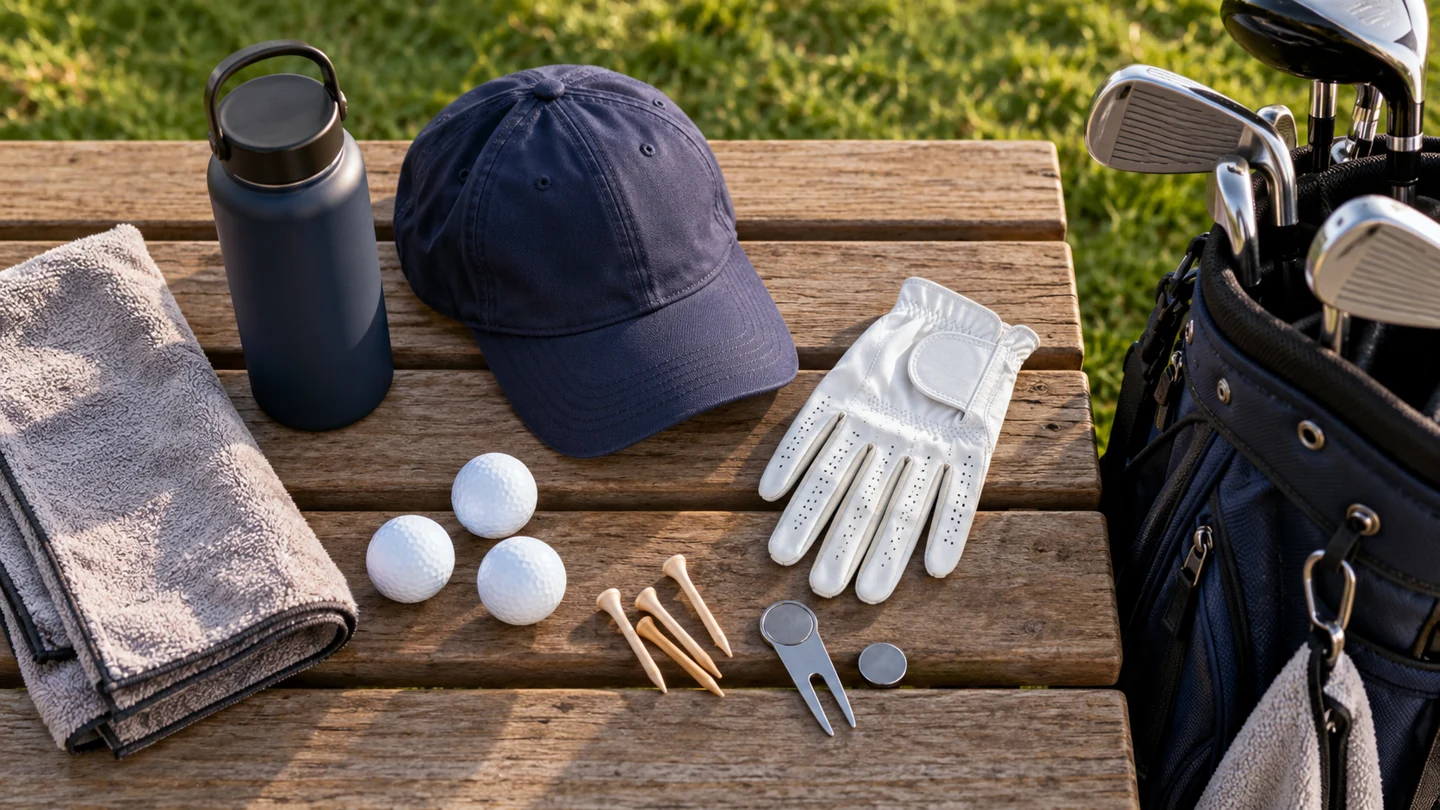 Golf glove, balls, tees, towel, cap and water bottle beside a golf bag.