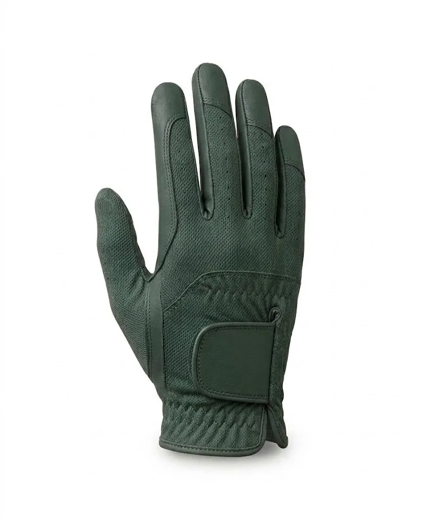 Forest green all-weather golf glove, back of the hand with wrist strap