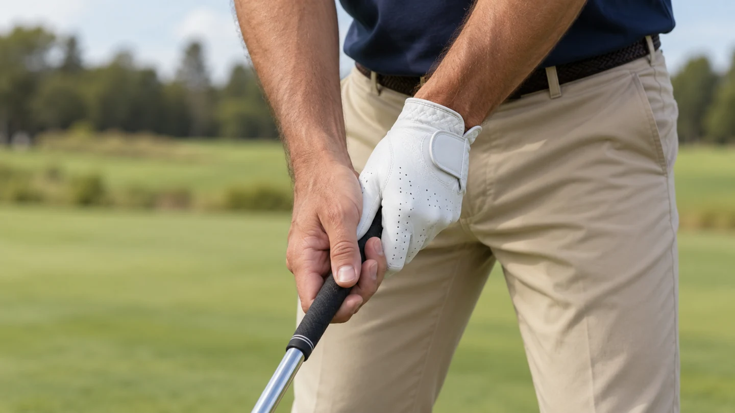 A golfer holding a club grip with a white glove on the upper hand.