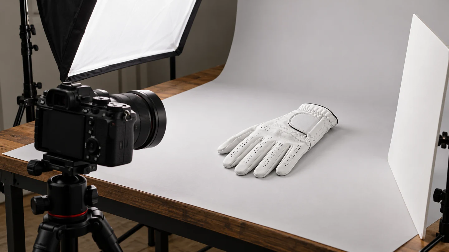 An illustrative golf-glove photography setup with a camera, soft light and neutral background.