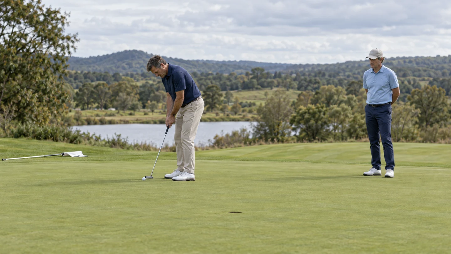 A golfer putting while another player waits quietly to one side.