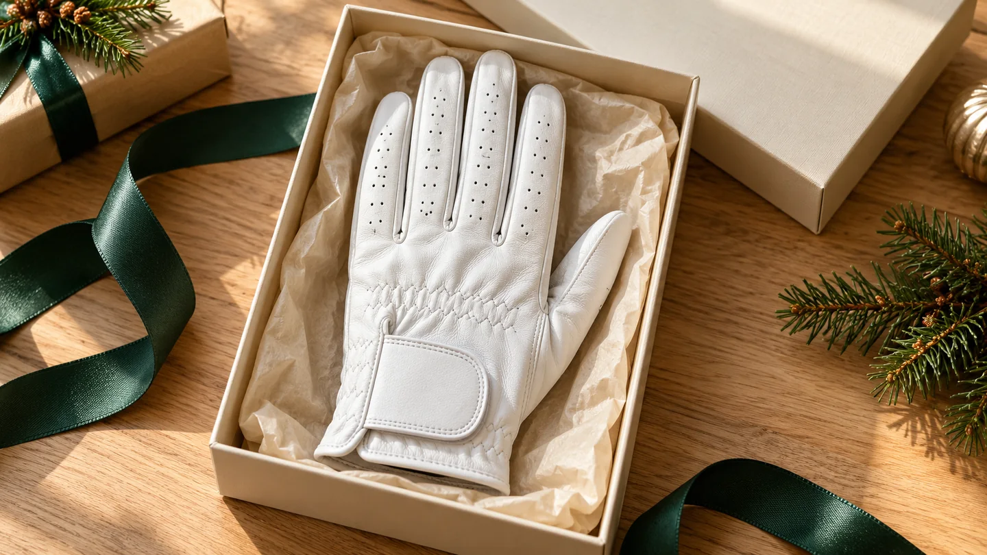 White leather golf glove with a blank closure in an open gift box beside a green ribbon.