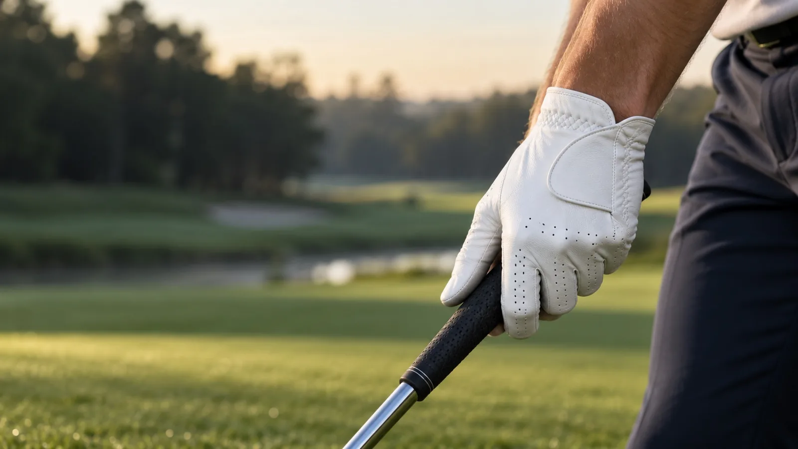 Golfer wearing a white Cabretta leather golf glove while gripping a club on the course