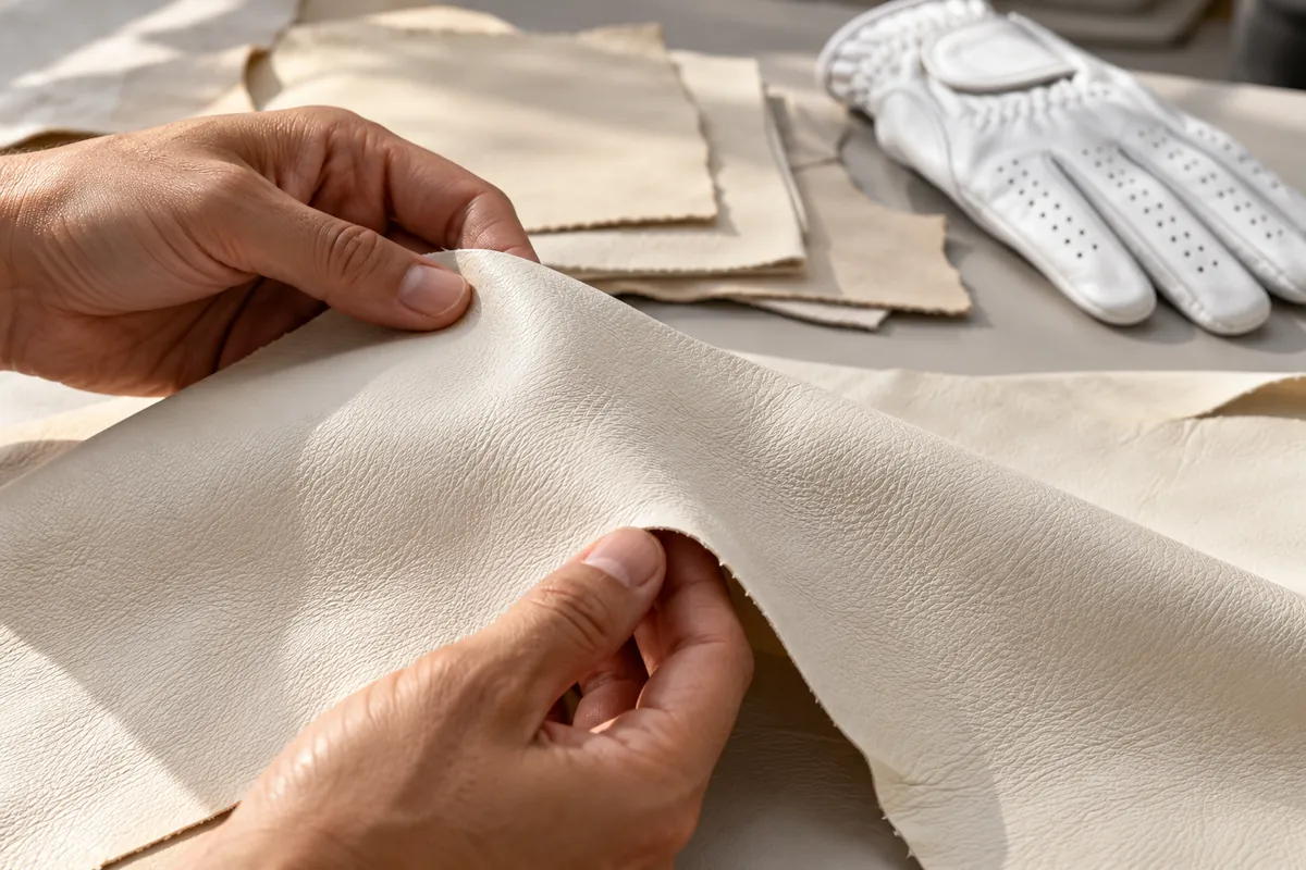 Close-up of thin ivory leather being selected beside a white golf glove