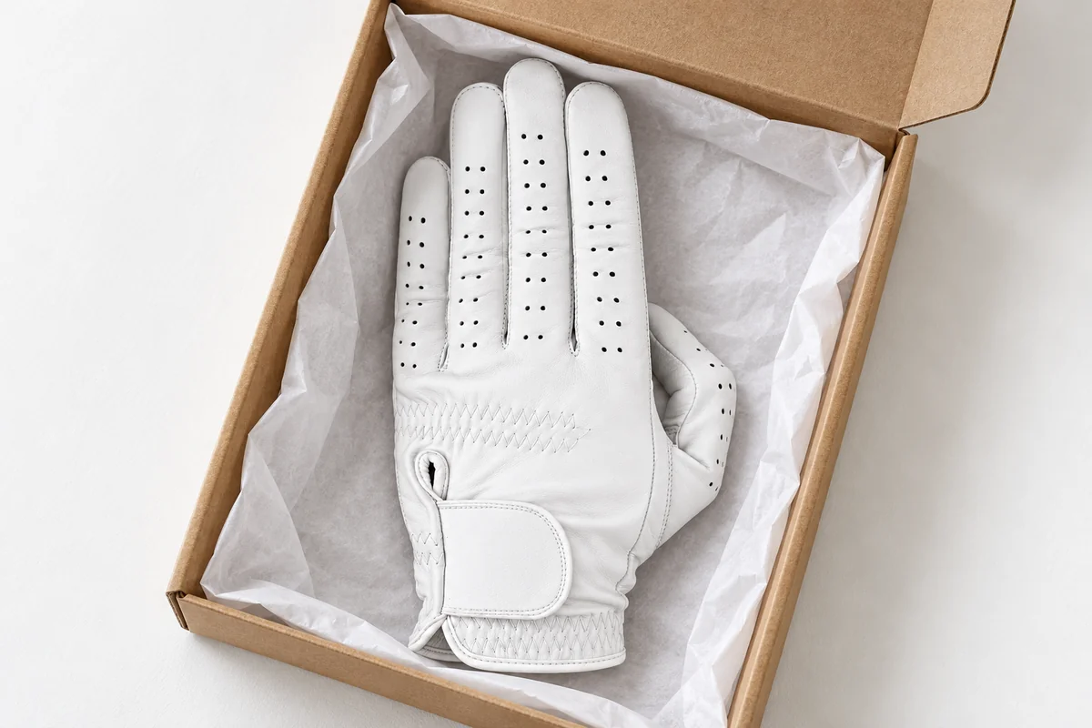 White golf glove in a compact tissue-lined sample parcel