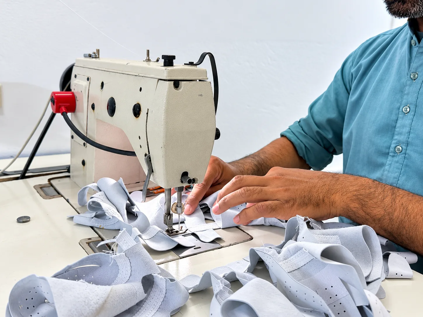 Glove components being guided through an industrial sewing machine at Texpak