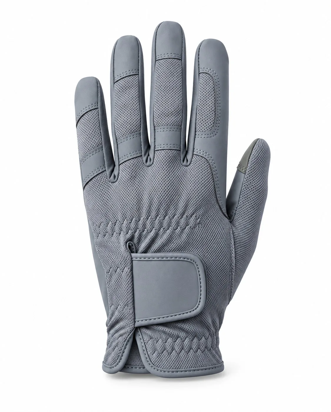 Gray stretch knit golf glove, back of the hand with wrist strap