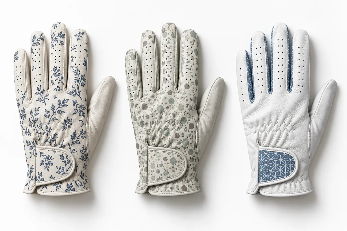 Unbranded golf glove design concepts with botanical, speckled and geometric patterns on a white background