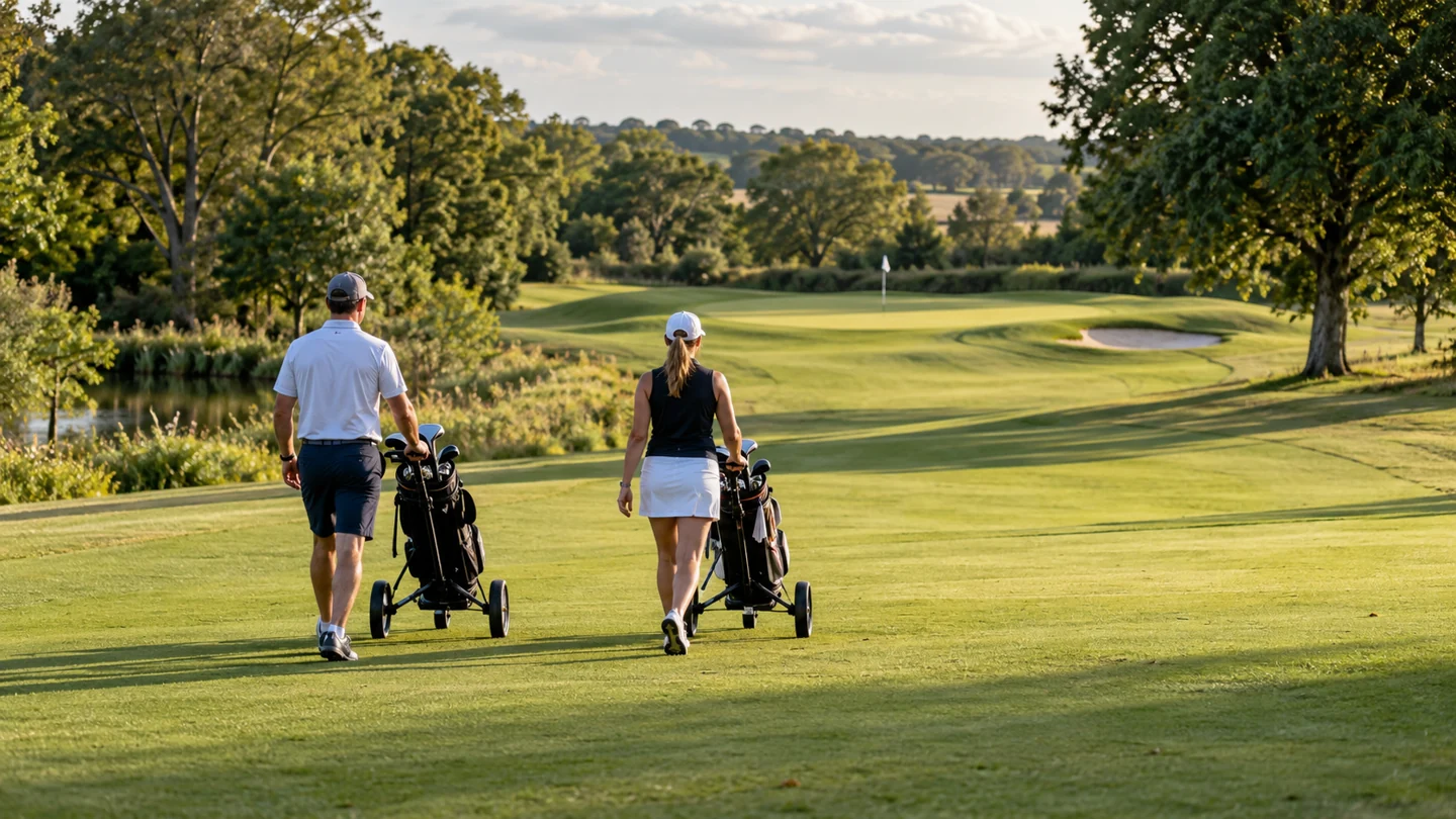 Two golfers pushing golf trolleys along a fairway.