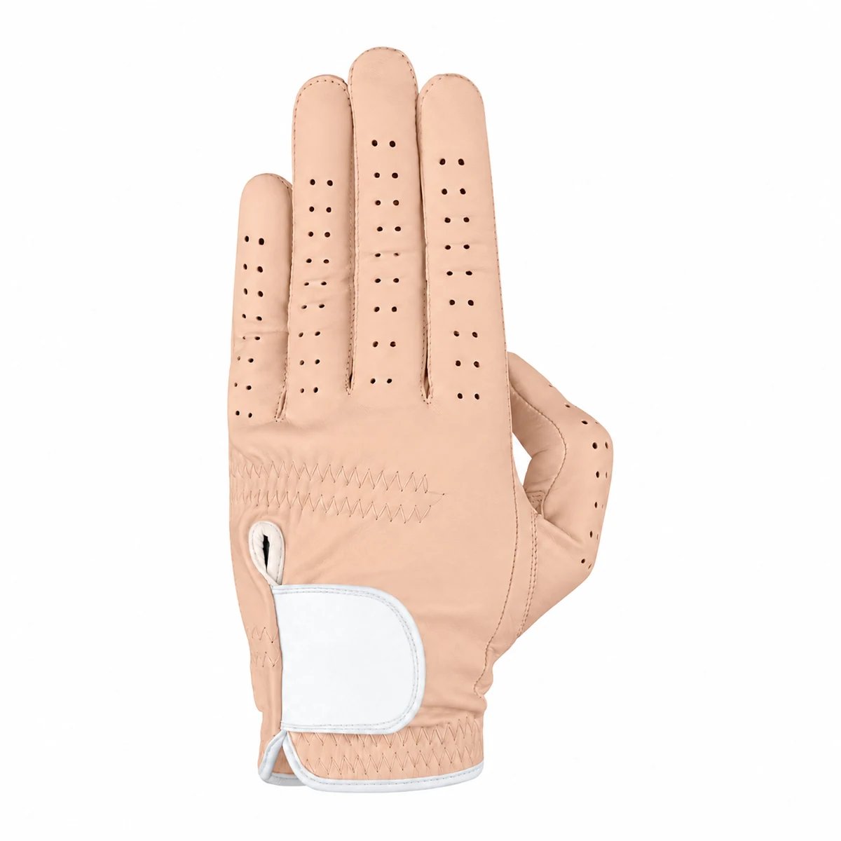 Tan Cabretta OEM golf glove with white cuff trim and a blank white strap