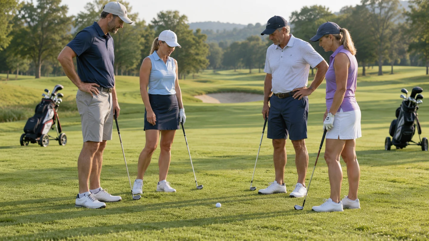 Four recreational golfers gathered around a golf ball on a fairway.