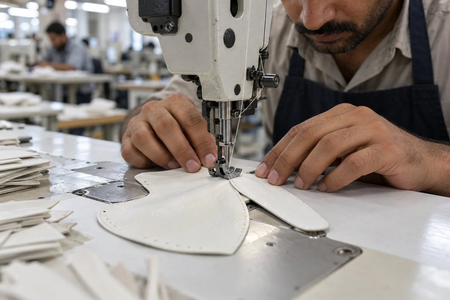 Close-up of an artisan stitching a white golf glove on a sewing machine in Sialkot, Pakistan
