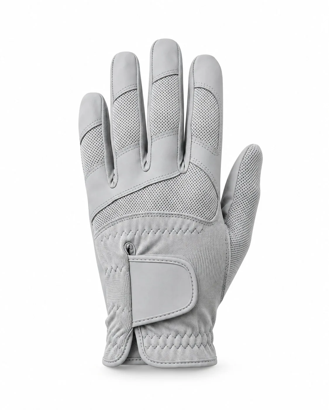 Slate gray knit all-weather golf glove, back of the hand with wrist strap