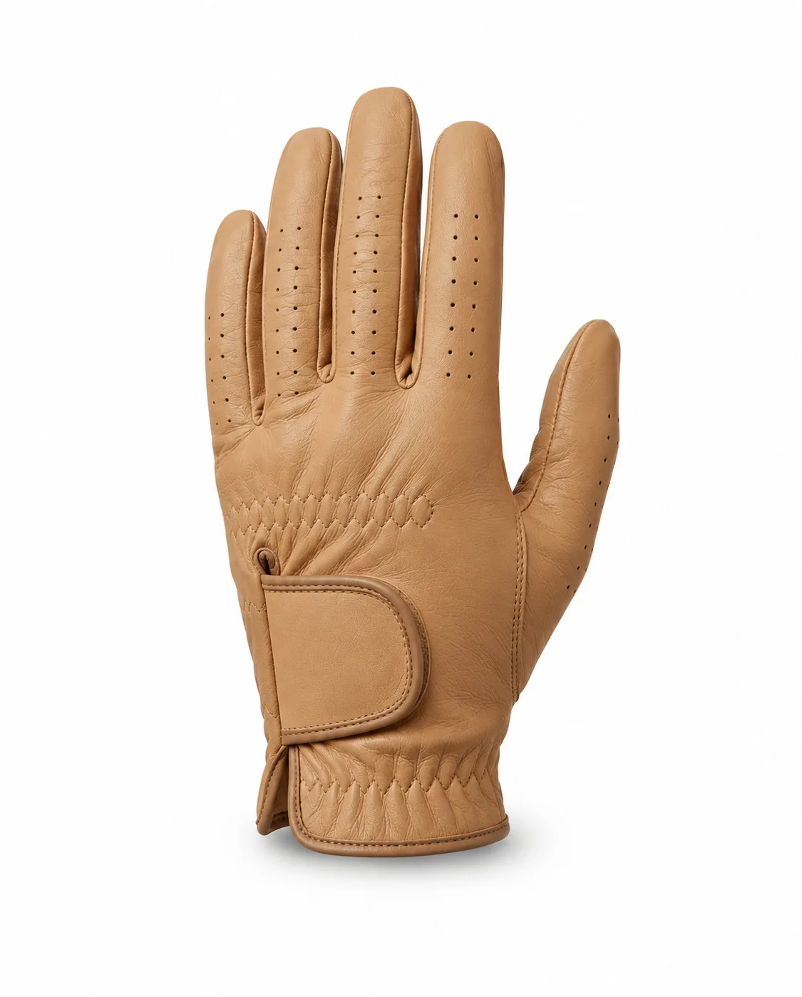 Tan leather golf glove, back of the hand with wrist strap