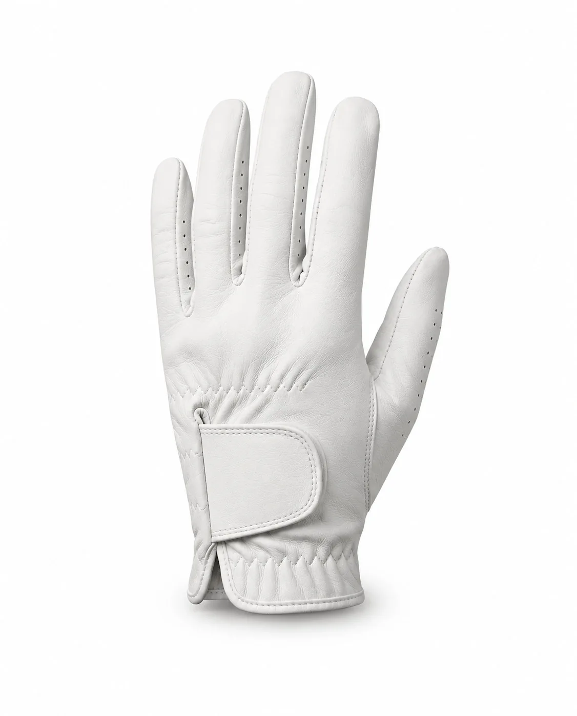 White cabretta golf glove, back of the hand with wrist strap