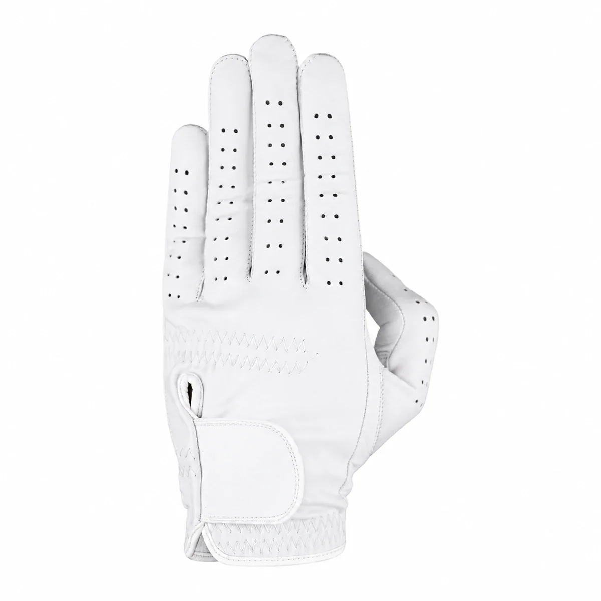 White Cabretta golf glove with a blank strap and perforated fingers