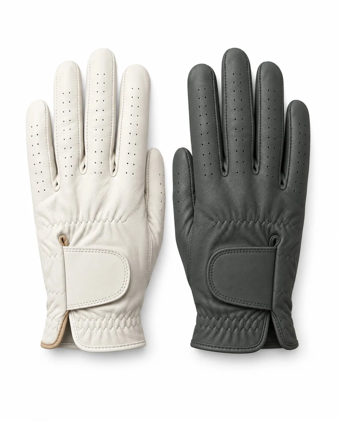 White and charcoal golf glove pair, back of the hands with wrist straps