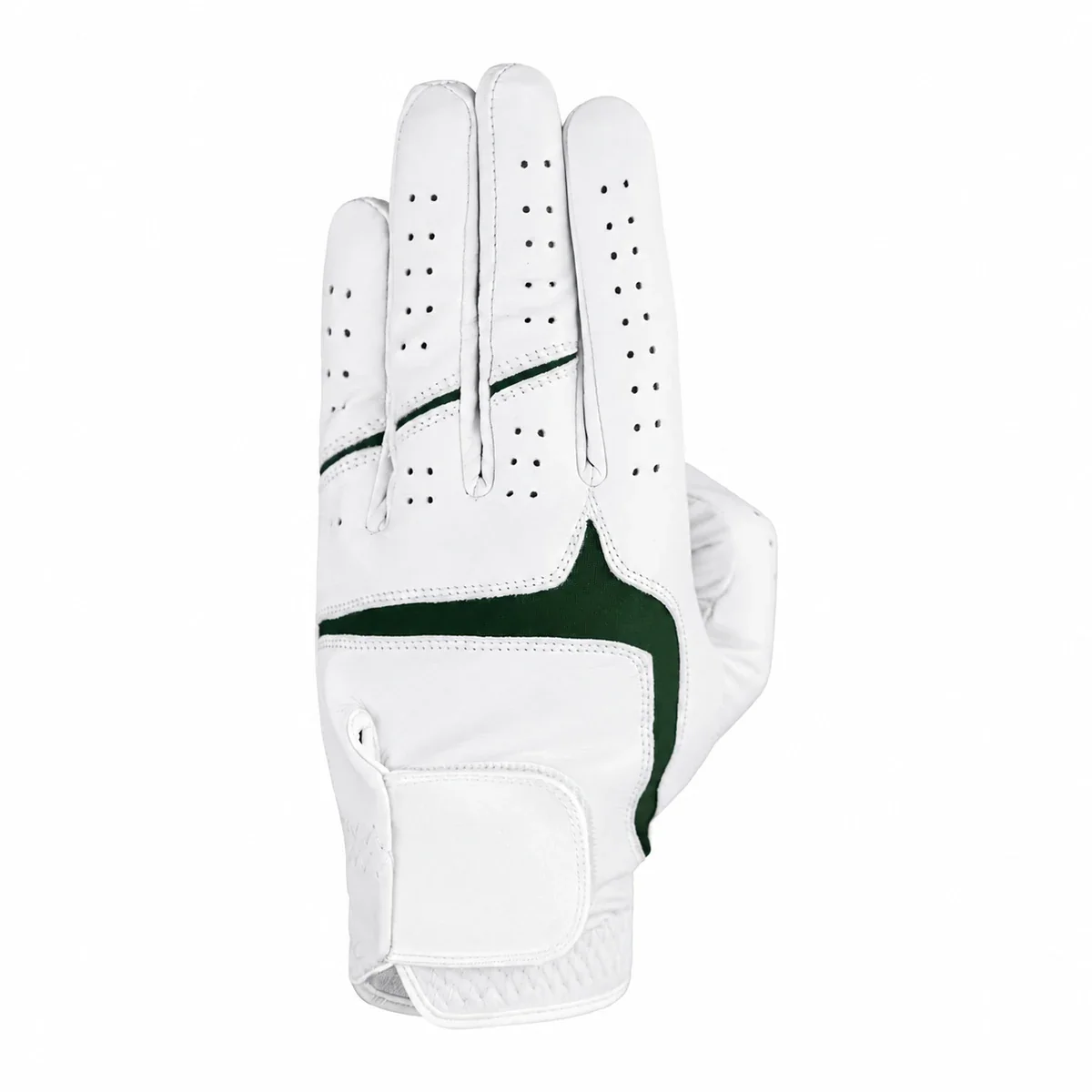 White Cabretta glove with green stretch inserts and a blank closure