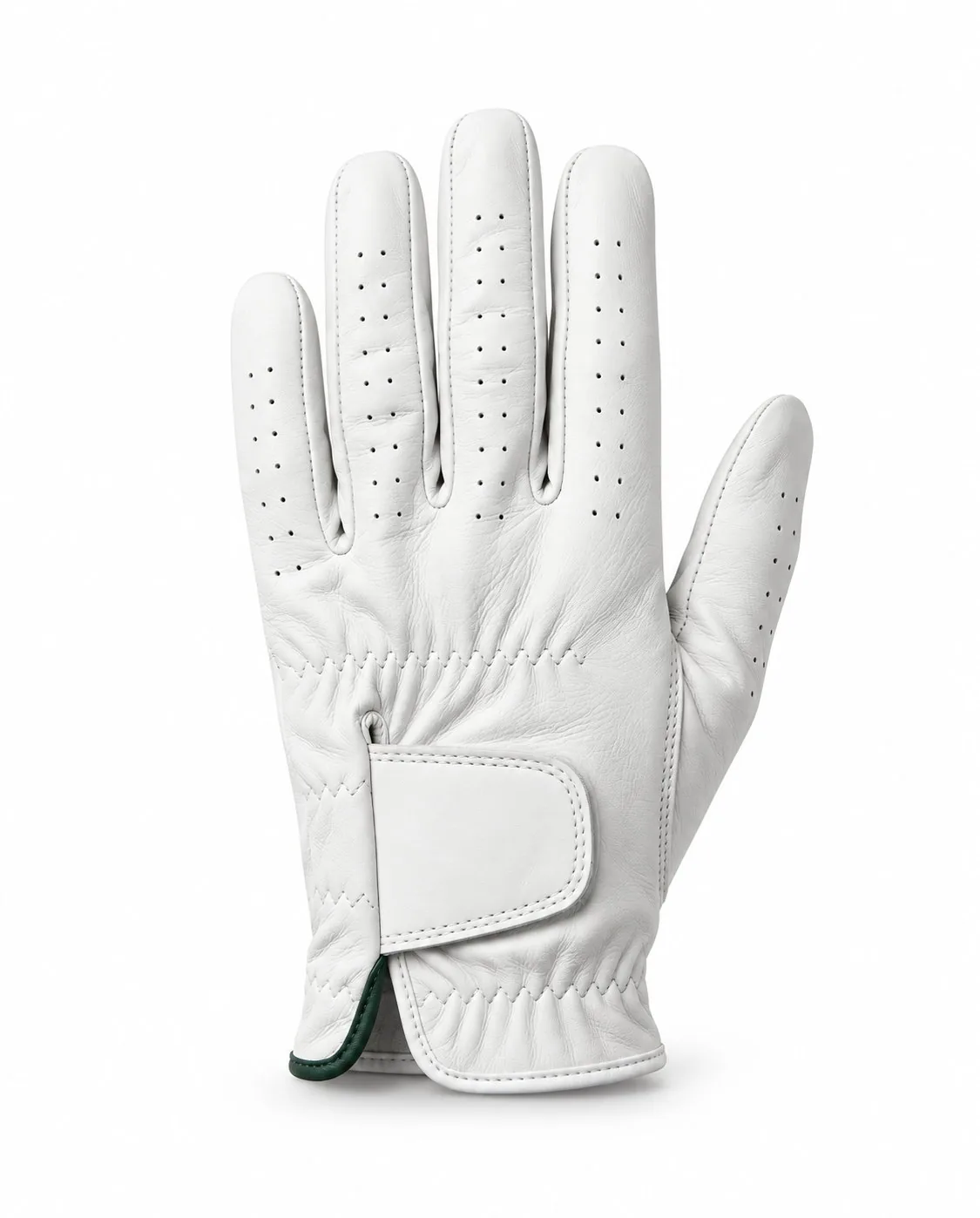 White leather golf glove with green trim, back of the hand and wrist strap